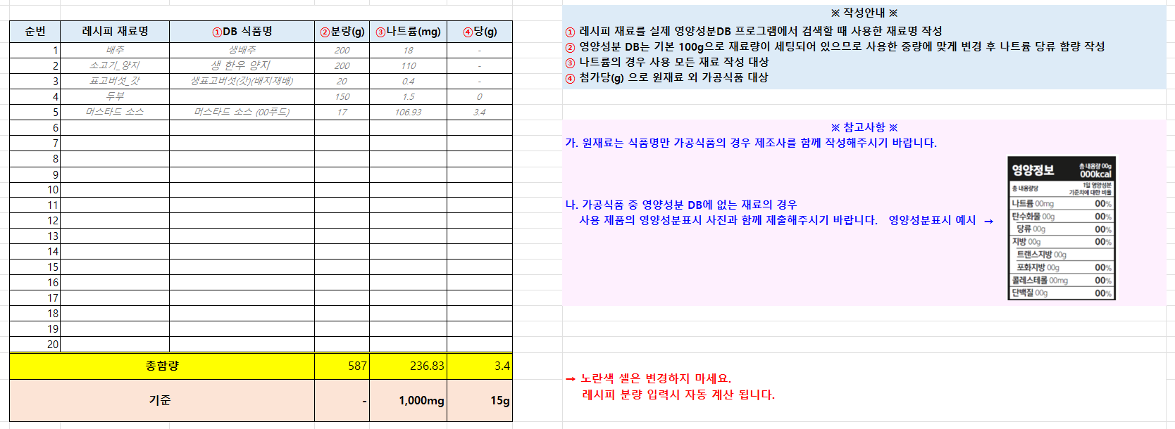나트륨 당류 작성 양식